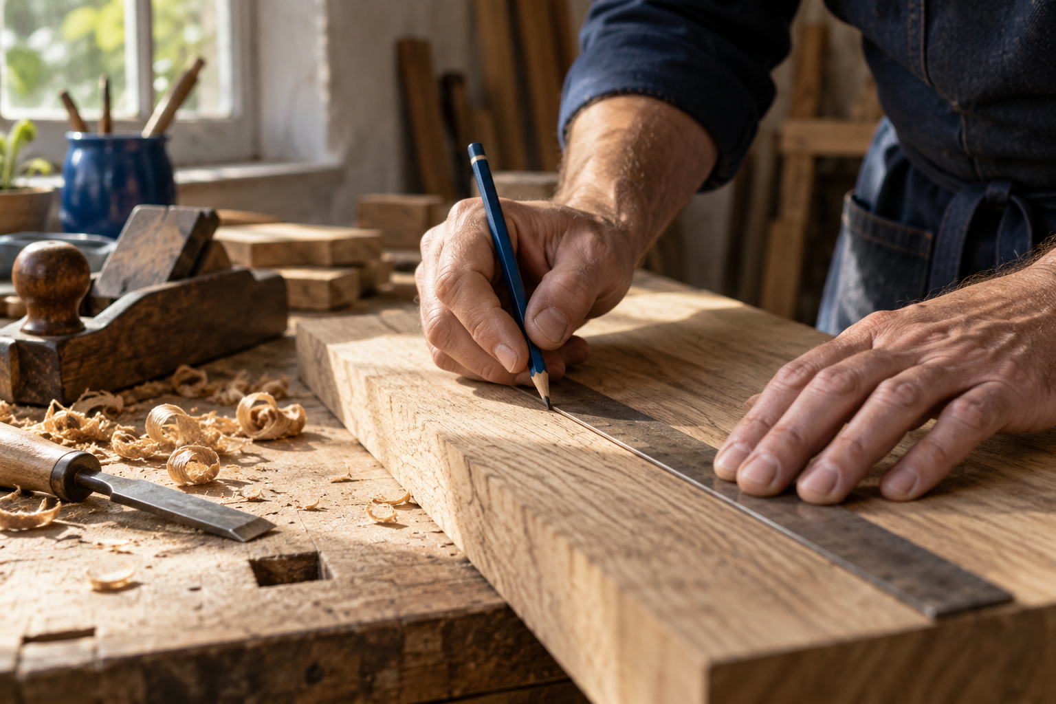 Un artisan prépare les détails d’une pièce de bois dans une illustration de l’atelier