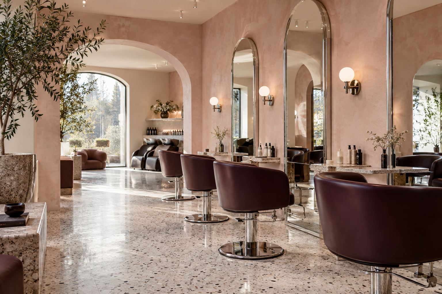Un intérieur de salon de coiffure illustratif dans les tons prune et rose