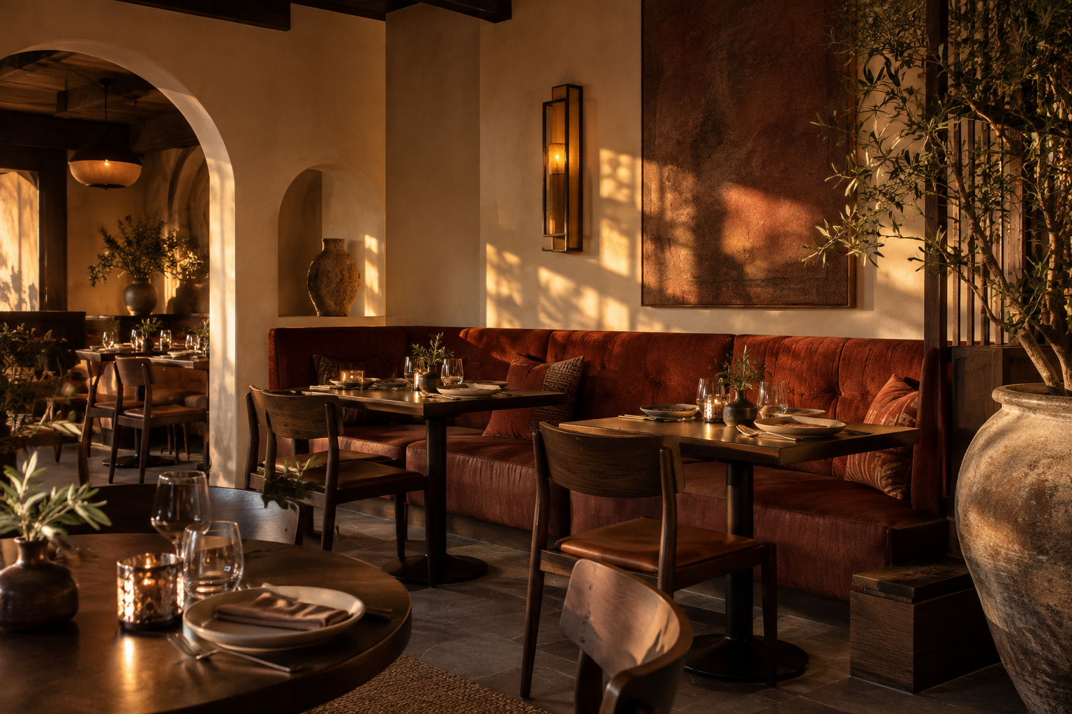 Intérieur illustratif de restaurant aux banquettes brique et aux tables en bois
